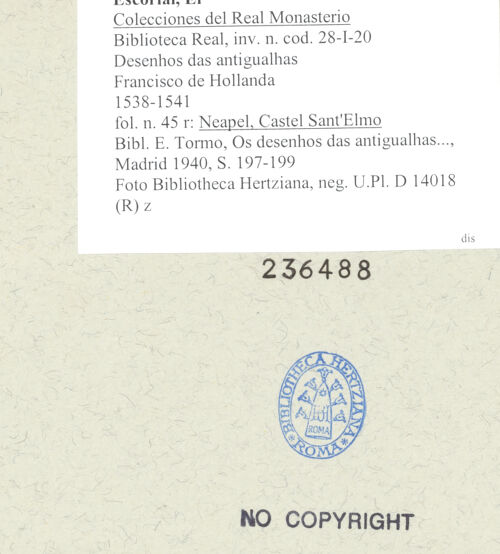 Rückseite von Bibliotheca Hertziana [http://creativecommons.org/publicdomain/mark/1.0/] Desenhos das antigualhasNeapel, Castel Sant'Elmo - , bh236488_recto. Foto.