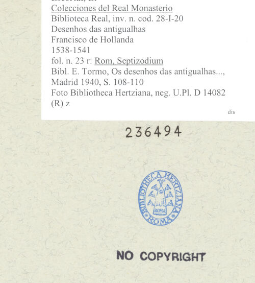 Rückseite von Bibliotheca Hertziana [http://creativecommons.org/publicdomain/mark/1.0/] Desenhos das antigualhasRom, Septizodium - , bh236494_recto. Foto.