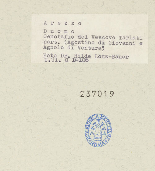 Rückseite von Bibliotheca Hertziana [https://www.deutsche-digitale-bibliothek.de/content/lizenzen/rv-fz/] Grabmal des Bischofs Guido Tarlati (gest. 1327)Linken Seitenflügel: Ritter und Jäger - Detail, bh237019_recto. Foto: Lotz-Bauer, Hilde.