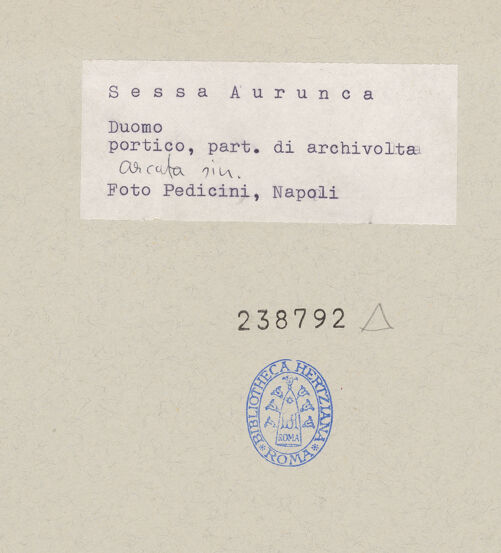 Rückseite von Pedicini, Luciano [https://www.deutsche-digitale-bibliothek.de/content/lizenzen/rv-ez/] Archivolte der rechten Arkade mit Szenen aus der Genesis in Clipei - Detail, linke Seite und Konsole, bh238792_recto. Foto: Pedicini, Luciano.