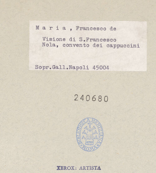 Rückseite von Sopr. BAS NA [https://www.deutsche-digitale-bibliothek.de/content/lizenzen/rv-ez/] Vision des heiligen Franziskus - Gesamtansicht, bh240680_recto. Foto.