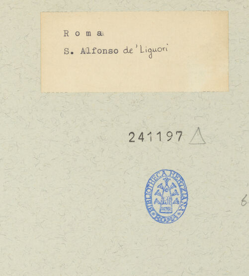 Rückseite von Bibliotheca Hertziana [https://www.deutsche-digitale-bibliothek.de/content/lizenzen/rv-ez/] Sant'Alfonso de'Liguori - Fassade, Schrägansicht, bh241197_recto. Foto.