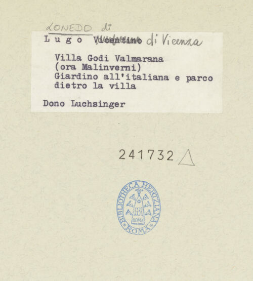 Rückseite von  [https://rightsstatements.org/page/CNE/1.0/] Villa Godi Malinverni - Garten all'italiana und Park, bh241732_recto. Foto.