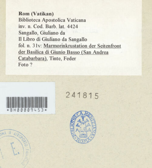 Rückseite von unbekannt [http://creativecommons.org/publicdomain/mark/1.0/] Codex BarberiniMarmorinkrustation der Seitenfront der Basilica di Giunio Basso (San Andrea Catabarbara) - , bh241815_recto. Foto.