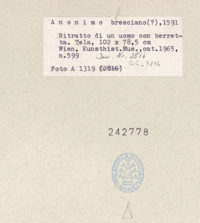 Rückseite von Kunsthistorisches Museum [https://rightsstatements.org/page/CNE/1.0/] Bildnis eines Mannes mit hohem Barett - , bh242778_recto. Foto.