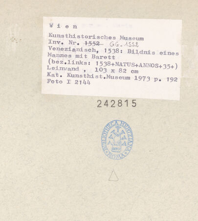 Rückseite von Kunsthistorisches Museum [https://rightsstatements.org/page/CNE/1.0/] Bildnis eines Mannes mit Barett - , bh242815_recto. Foto.