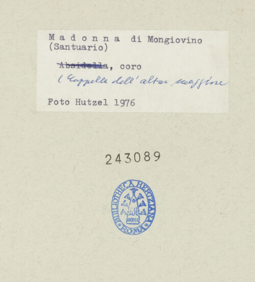 Rückseite von Getty Research Institute [https://www.deutsche-digitale-bibliothek.de/content/lizenzen/rv-ez/] Santuario della Madonna di MongiovinoChor mit halbrunder Apsis - Nördlicher Teil der Apsis, bh243089_recto. Foto: Hutzel, Max.