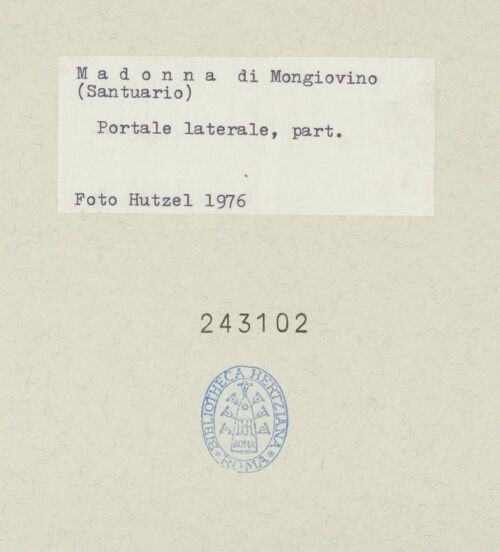 Rückseite von Getty Research Institute [https://www.deutsche-digitale-bibliothek.de/content/lizenzen/rv-ez/] Ehemaliges Hauptportal der Nordfassade mit Überdachung - Detail von Gebälk, Kapitell und Gewände der rechten Seite, bh243102_recto. Foto: Hutzel, Max.