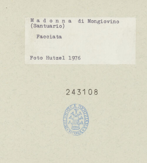 Rückseite von Getty Research Institute [https://www.deutsche-digitale-bibliothek.de/content/lizenzen/rv-ez/] Santuario della Madonna di MongiovinoSüdfassade - Fassade und Campanile von Süden, bh243108_recto. Foto: Hutzel, Max.