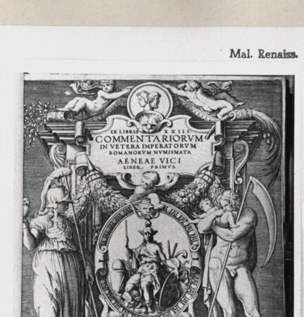 Rückseite von  [http://creativecommons.org/publicdomain/mark/1.0/] Titelblatt zu "Ex libris XXIII. commentariorum in vetera imperatorum Romanorum numismat Aenea Vici liber primus. (Aldus MDLX/MDLXII)) - , bh244310. Foto.