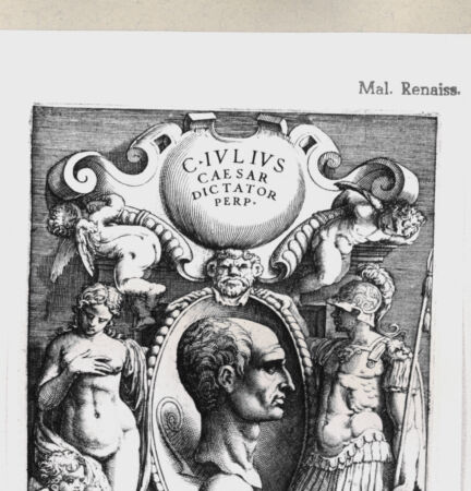 Rückseite von  [http://creativecommons.org/publicdomain/mark/1.0/] Büste von Julius Cäsar zwischen Mars und Venus (aus der Serie von 10 Blatt aus: Ex libris XXIII. commentariorum in vetera imperatorum Romanorum numismat Aenea Vici liber primus. (Aldus MDLX/MDLXII)) - , bh246172. Foto.
