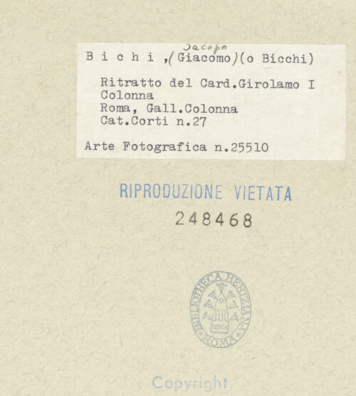 Rückseite von Amministrazione Colonna [https://www.deutsche-digitale-bibliothek.de/content/lizenzen/rv-ez/] Bildnis des Girolamo Colonna - Original, Gesamtansicht, bh248468_recto. Foto.