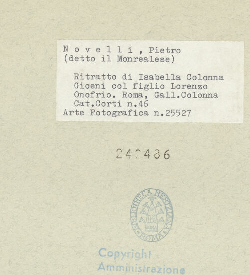 Rückseite von Amministrazione Colonna [https://www.deutsche-digitale-bibliothek.de/content/lizenzen/rv-ez/] Doppelbildnis der Isabella Gioeni Colonna und ihres Sohnes Lorenzo Onofrio - Gesamtansicht, bh248486_recto. Foto.