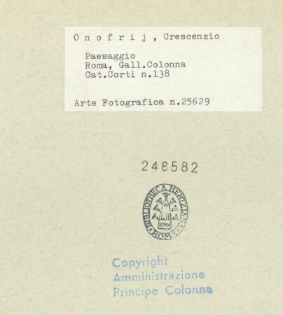 Rückseite von Amministrazione Colonna [https://www.deutsche-digitale-bibliothek.de/content/lizenzen/rv-ez/] Landschaft mit Figuren und Stadt im Hintergrund - Gesamtansicht, bh248582_recto. Foto.