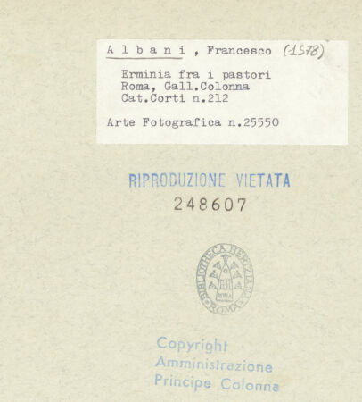 Rückseite von Amministrazione Colonna [https://www.deutsche-digitale-bibliothek.de/content/lizenzen/rv-ez/] Landschaft mit der Ankunft Erminias bei den Hirten (Szene aus dem Epos Gerusalemme liberata) - Gesamtansicht, bh248607_recto. Foto.