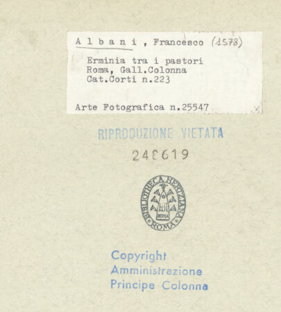 Rückseite von Amministrazione Colonna [https://www.deutsche-digitale-bibliothek.de/content/lizenzen/rv-ez/] Erminia wird ihrer Rüstung entledigt (Szene aus dem Epos Gerusalemme liberata) - Gesamtansicht, bh248619_recto. Foto.