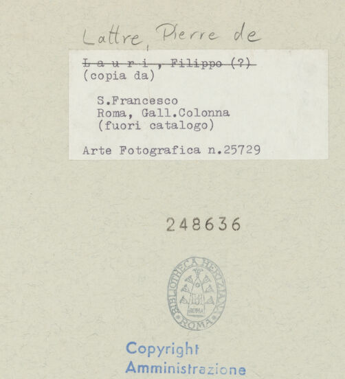 Rückseite von Amministrazione Colonna [https://www.deutsche-digitale-bibliothek.de/content/lizenzen/rv-ez/] Der heilige Franziskus von Assisi in Ekstase, von einem Engel gestützt - Gesamtansicht, bh248636_recto. Foto.