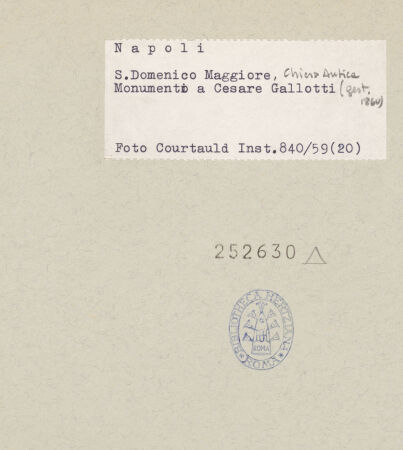 Rückseite von Courtauld Institute of Art [https://www.deutsche-digitale-bibliothek.de/content/lizenzen/rv-ez/] Grabmal des Cesare Gallotti (gest. 1860) - Gesamtansicht, bh252630_recto. Foto.