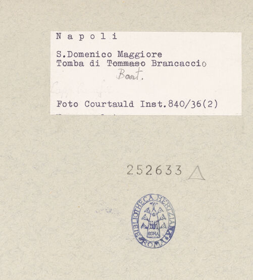 Rückseite von Courtauld Institute of Art [https://www.deutsche-digitale-bibliothek.de/content/lizenzen/rv-ez/] Grabmal des Bischofs Bartolomeo BrancaccioTugenden - Fortitudo, Detail: Kopf, bh252633_recto. Foto.