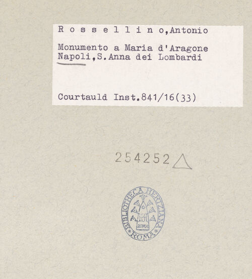 Rückseite von Courtauld Institute of Art [https://www.deutsche-digitale-bibliothek.de/content/lizenzen/rv-ez/] Grabmal der Maria von Aragon (Maria d'Aragona, gest. 1461)Mythologische Figuren und Herkules - Linke Seite: Gefäß, bh254252_recto. Foto.