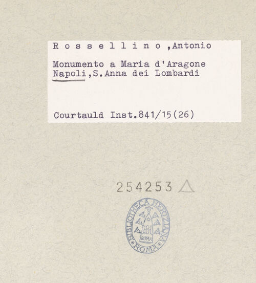 Rückseite von Courtauld Institute of Art [https://www.deutsche-digitale-bibliothek.de/content/lizenzen/rv-ez/] Grabmal der Maria von Aragon (Maria d'Aragona, gest. 1461)Mythologische Figuren und Herkules - Rechte Seite: Gefäß, bh254253_recto. Foto.