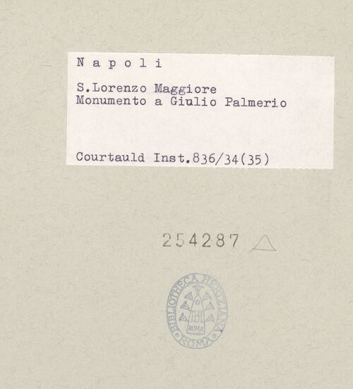 Rückseite von Courtauld Institute, Conway Library [https://www.deutsche-digitale-bibliothek.de/content/lizenzen/rv-ez/] Grabmal des Giulio Palmerio - Gesamtansicht, bh254287_recto. Foto.