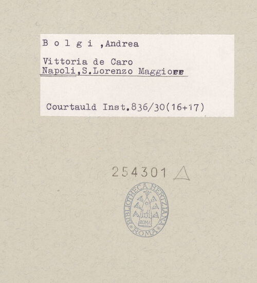 Rückseite von Courtauld Institute [https://www.deutsche-digitale-bibliothek.de/content/lizenzen/rv-ez/] Grabmal der Vittoria de Caro - Porträt der Vittoria de Caro, bh254301_recto. Foto.