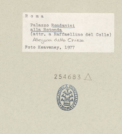 Rückseite von Sopr. Mon. Laz. [https://www.deutsche-digitale-bibliothek.de/content/lizenzen/rv-ez/] Szenen aus dem Leben von Papst Paul III.Papst Julius III. zeichnet einen Soldaten als Kreuzritter aus, Allegorien von Religion und Kirche - Detail: Allegorie der Kirche, bh254683_recto. Foto: Keaveney.