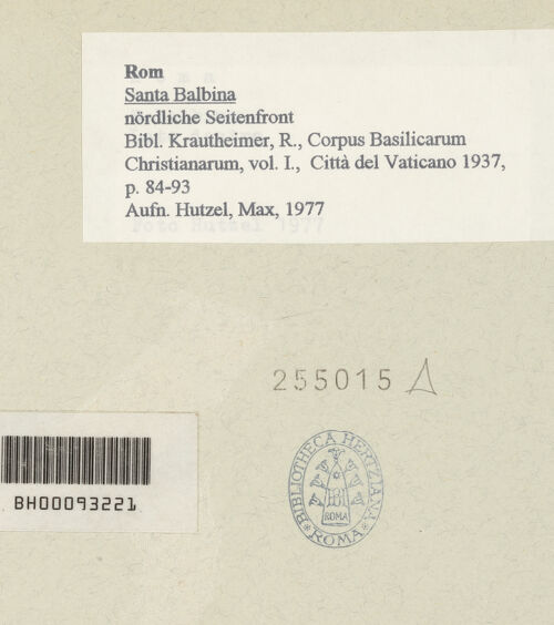 Rückseite von Hutzel, Max [https://www.deutsche-digitale-bibliothek.de/content/lizenzen/rv-ez/] Santa Balbina - nördliche Seitenfront, bh255015_recto. Foto: Hutzel, Max.
