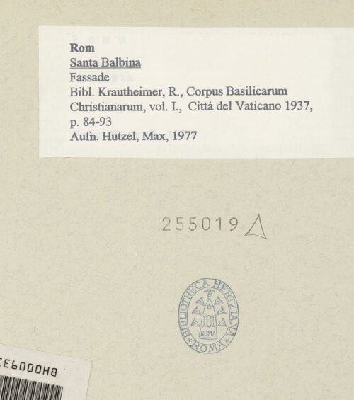 Rückseite von Hutzel, Max [https://www.deutsche-digitale-bibliothek.de/content/lizenzen/rv-ez/] Santa Balbina - Fassade, bh255019_recto. Foto: Hutzel, Max.