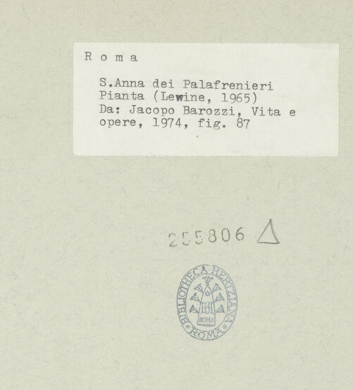 Rückseite von unbekannt [https://www.deutsche-digitale-bibliothek.de/content/lizenzen/rv-ez/] Sant'Anna dei Palafrenieri - Grundriss (Lewine 1965), bh255806_recto. Foto.