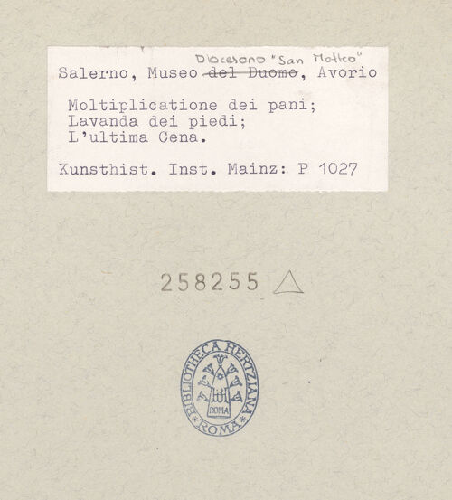 Rückseite von Kunstgeschichtliches Institut Mainz [https://www.deutsche-digitale-bibliothek.de/content/lizenzen/rv-ez/] Szenen aus dem Neuen und Alten TestamentDie wundersame Vermehrung von Brot und Fisch; Jesus wäscht die Füße der Apostel; das Abendmahl - Gesamtansicht, bh258255_recto. Foto.