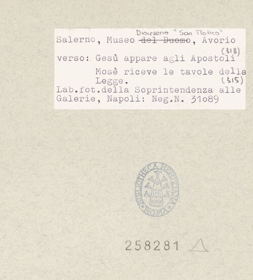 Rückseite von Sopr. BAS NA [https://www.deutsche-digitale-bibliothek.de/content/lizenzen/rv-ez/] Szenen aus dem Neuen und Alten TestamentRückseite der Tafeln - Inv. 312 (Die neuen Gesetzestafeln); Inv. 313 (Die Mission der Apostel), bh258281_recto. Foto.