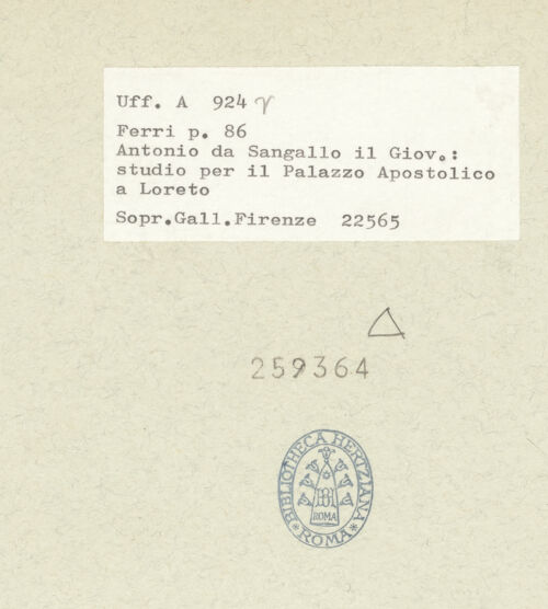 Rückseite von Soprintendenza BAPSAE di Firenze Pistoia e Prato [https://www.deutsche-digitale-bibliothek.de/content/lizenzen/rv-ez/] Loreto, Palast, Projekt für den Westflügel - , bh259364_recto. Foto.