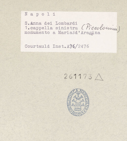 Rückseite von Courtauld Institute of Art [https://www.deutsche-digitale-bibliothek.de/content/lizenzen/rv-ez/] Grabmal der Maria von Aragon (Maria d'Aragona, gest. 1461)Engel mit Gefäße - Engel links, bh261173_recto. Foto.