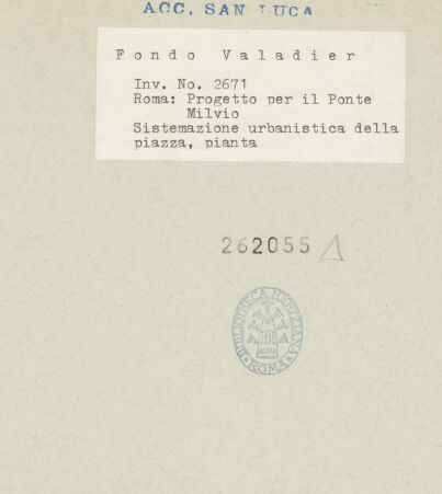 Rückseite von Accademia di San Luca [https://www.deutsche-digitale-bibliothek.de/content/lizenzen/rv-ez/] Rom, Entwurf für die Ponte Milvio, Gestaltung der vorgelagerten Piazza - , bh262055_recto. Foto.