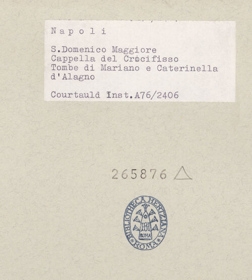 Rückseite von Courtauld Institute of Art [https://www.deutsche-digitale-bibliothek.de/content/lizenzen/rv-ez/] Grabmal des Mariano Alagno (gest. 1477) und der Caterina Orsini - Detail: Liegefiguren, bh265876_recto. Foto.