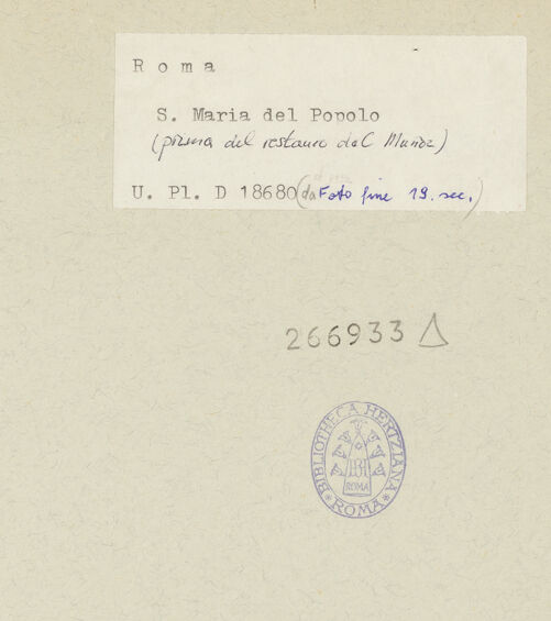 Rückseite von Bibliotheca Hertziana [https://www.deutsche-digitale-bibliothek.de/content/lizenzen/rv-fz/] Santa Maria del Popolo - Blick zum Hochaltar, bh266933_recto. Foto.