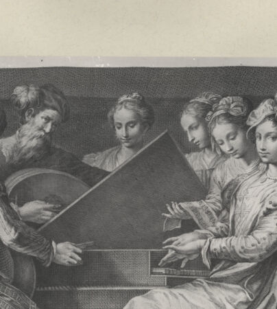 Rückseite von Villani [http://creativecommons.org/publicdomain/mark/1.0/] Musizierende (aus G.P.C Zanotti, "Le pitture di Pellegrino Tibaldi e di Niccolo Abbati essistenti nell'Istituto di Bologna", Venezia 1756) - , bh267024. Foto.