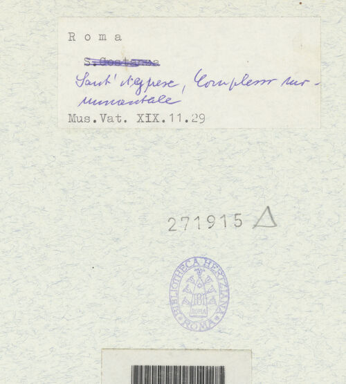 Rückseite von Archivio Fotografico Musei Vaticani [https://www.deutsche-digitale-bibliothek.de/content/lizenzen/rv-ez/] Sant'Agnese fuori le Mura - Gesamtanlage von Nordosten, bh271915_recto. Foto.