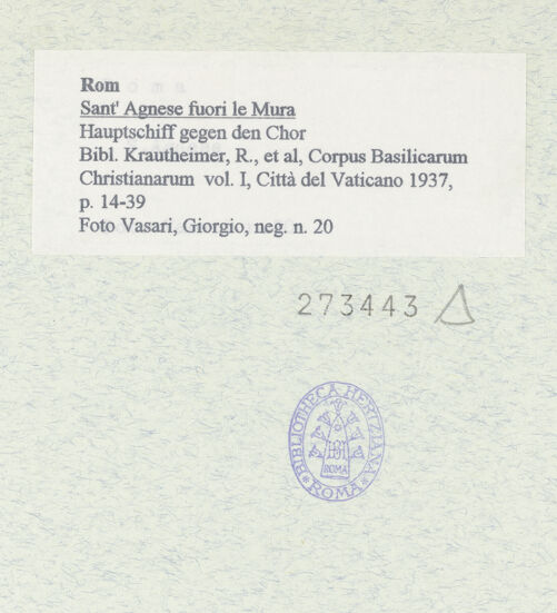 Rückseite von Vasari, Giorgio [https://www.deutsche-digitale-bibliothek.de/content/lizenzen/rv-ez/] Sant'Agnese fuori le MuraInnenraumMittelschiff - Hauptschiff gegen den Chor, bh273443_recto. Foto.