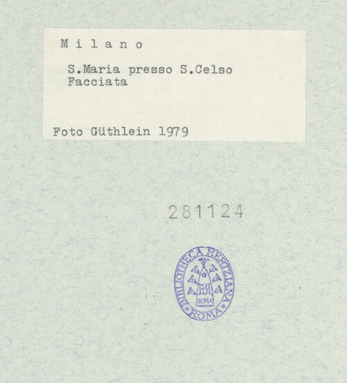 Rückseite von Güthlein, Klaus [https://www.deutsche-digitale-bibliothek.de/content/lizenzen/rv-fz/] Santa Maria presso San CelsoWestfassade - Gesamtansicht, bh281124_recto. Foto: Güthlein, Klaus.