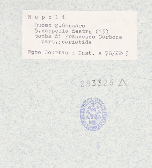 Rückseite von Courtauld Institute of Art [https://www.deutsche-digitale-bibliothek.de/content/lizenzen/rv-ez/] Grabmal des Kardinals Francesco Carbone (gest. 1405)Die drei theologischen Tugenden - Spes, bh283326_recto. Foto.