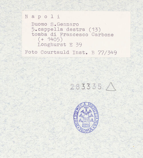 Rückseite von Courtauld Institute of Art [https://www.deutsche-digitale-bibliothek.de/content/lizenzen/rv-ez/] Grabmal des Kardinals Francesco Carbone (gest. 1405) - Gesamtansicht, bh283335_recto. Foto.