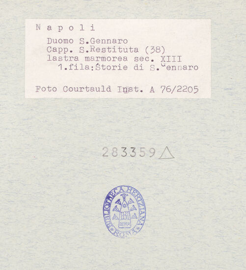 Rückseite von Courtauld Institute of Art [https://www.deutsche-digitale-bibliothek.de/content/lizenzen/rv-ez/] Szenen  aus dem Leben des heiligen Januarius und des Samson; Heilige RitterSzenen  aus dem Leben des heiligen Januarius - Urteil des heiligen Januarius vor Timotheus, bh283359_recto. Foto.