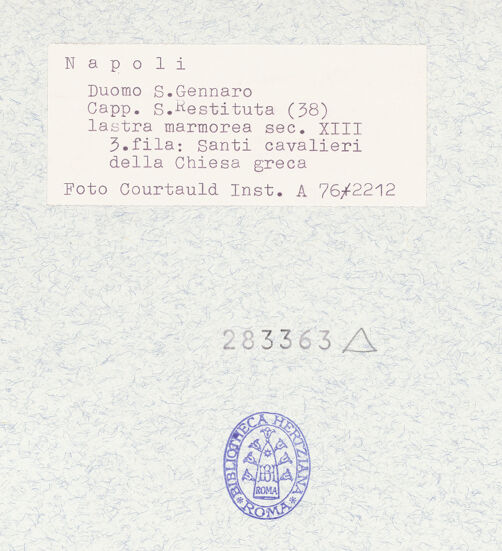 Rückseite von Courtauld Institute of Art [https://www.deutsche-digitale-bibliothek.de/content/lizenzen/rv-ez/] Szenen  aus dem Leben des heiligen Januarius und des Samson; Heilige RitterHeilige Ritter - Heiliger Theodor, bh283363_recto. Foto.