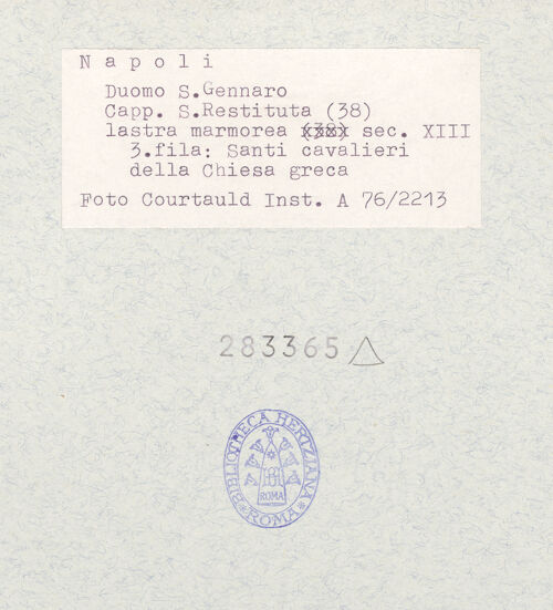 Rückseite von Courtauld Institute of Art [https://www.deutsche-digitale-bibliothek.de/content/lizenzen/rv-ez/] Szenen  aus dem Leben des heiligen Januarius und des Samson; Heilige RitterHeilige Ritter - Heiliger Eustachius, bh283365_recto. Foto.