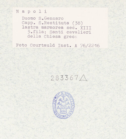 Rückseite von Courtauld Institute of Art [https://www.deutsche-digitale-bibliothek.de/content/lizenzen/rv-ez/] Szenen  aus dem Leben des heiligen Januarius und des Samson; Heilige RitterHeilige Ritter - Heiliger Georg, bh283367_recto. Foto.