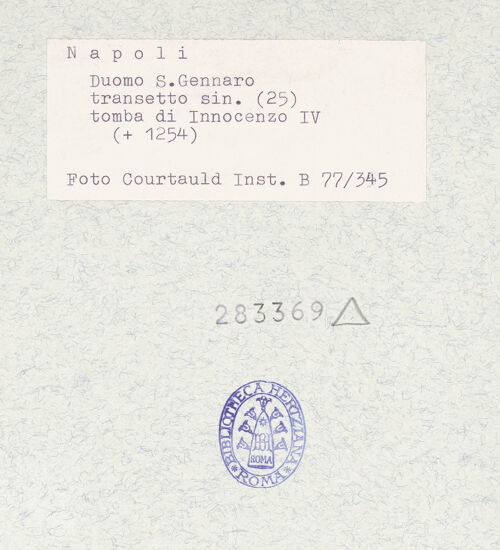 Rückseite von Courtauld Institute of Art [https://www.deutsche-digitale-bibliothek.de/content/lizenzen/rv-ez/] Grabmal Papst Innozenz' IV. (gest. 1254) - Gesamtansicht, bh283369_recto. Foto.