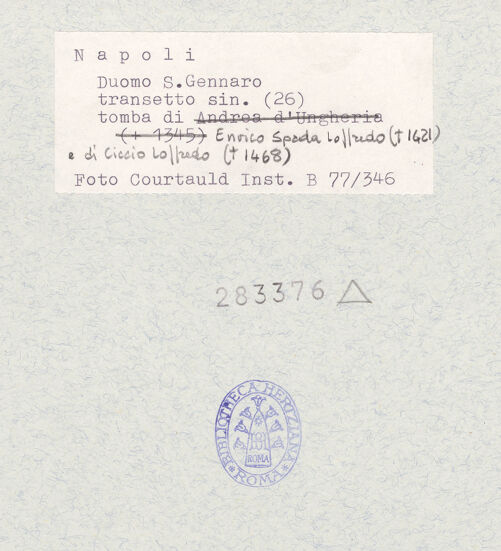 Rückseite von Courtauld Institute of Art [https://www.deutsche-digitale-bibliothek.de/content/lizenzen/rv-ez/] Grabmal des Enrico Spata Loffredo (gest. 1421) und des Domherrs Ciccio Loffredo (gest. 1468) - Gesamtansicht, bh283376_recto. Foto.